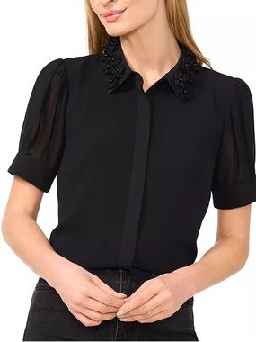 CeCe
Women's Embellished Collar Puff-Sleeve Black Chiffon Shirt SZ M NWOT